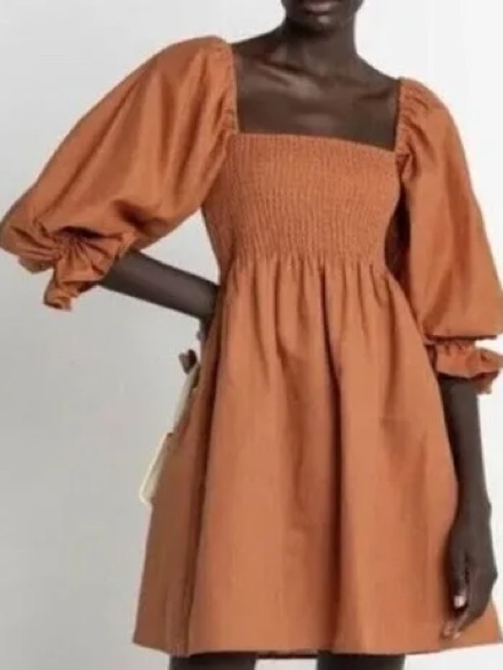 Smocked Square-Neck Mini Dress‎ in Rust